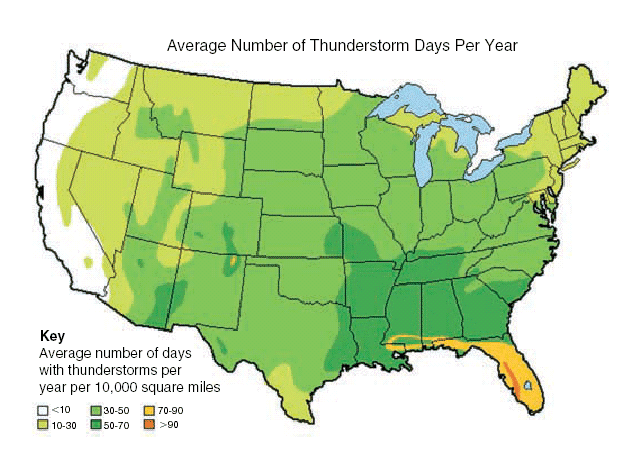 The average number of thunderstorm days per year across the lower 48 United States.
