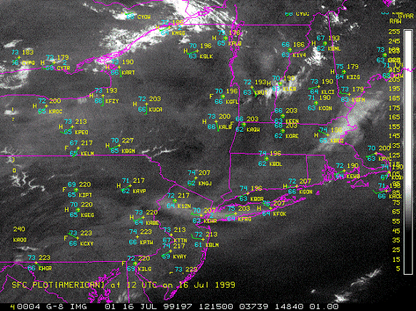 GOES image of pollution over the east coast on 16 july 1999 with surface observations with reports of haze in certain locations