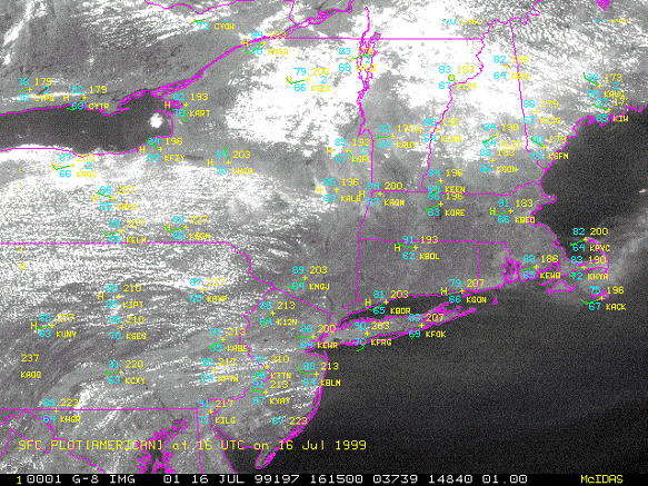  GOES-8 visible image from 1615-Z 16 July 1999 with surface observations.