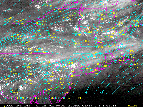 GOES-8 visible image from 2115-Z 16 July 1999 with surface observations and streamlines contoured in blue.